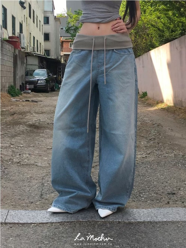 腰頭拼接反摺抽繩牛仔褲
